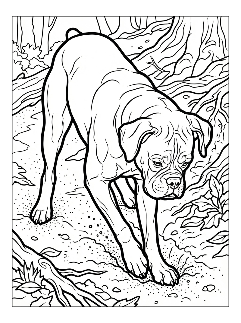 Boxer Dog Digging Woodland Trail