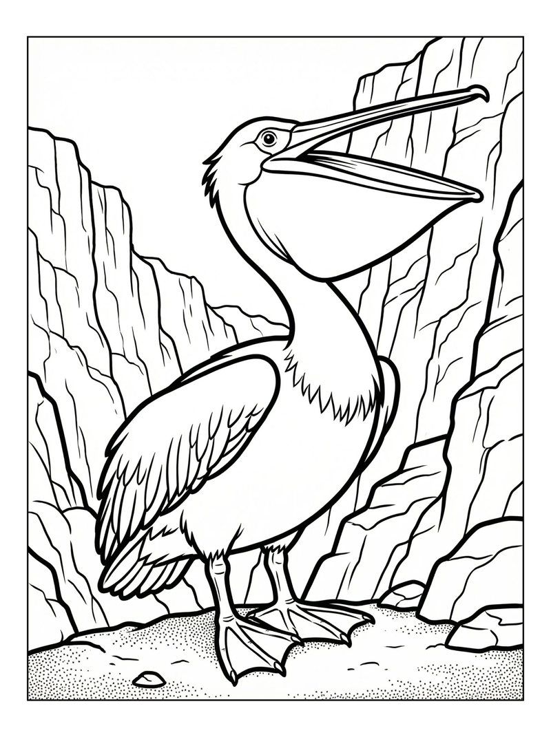Pelican Opening Beak By Mountain Cliff