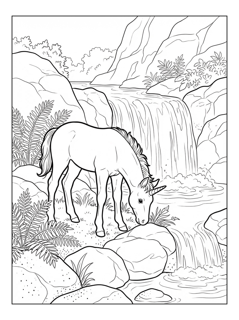 Baby Unicorn Grazing By Waterfall Pool