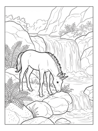 Baby Unicorn Grazing By Waterfall Pool