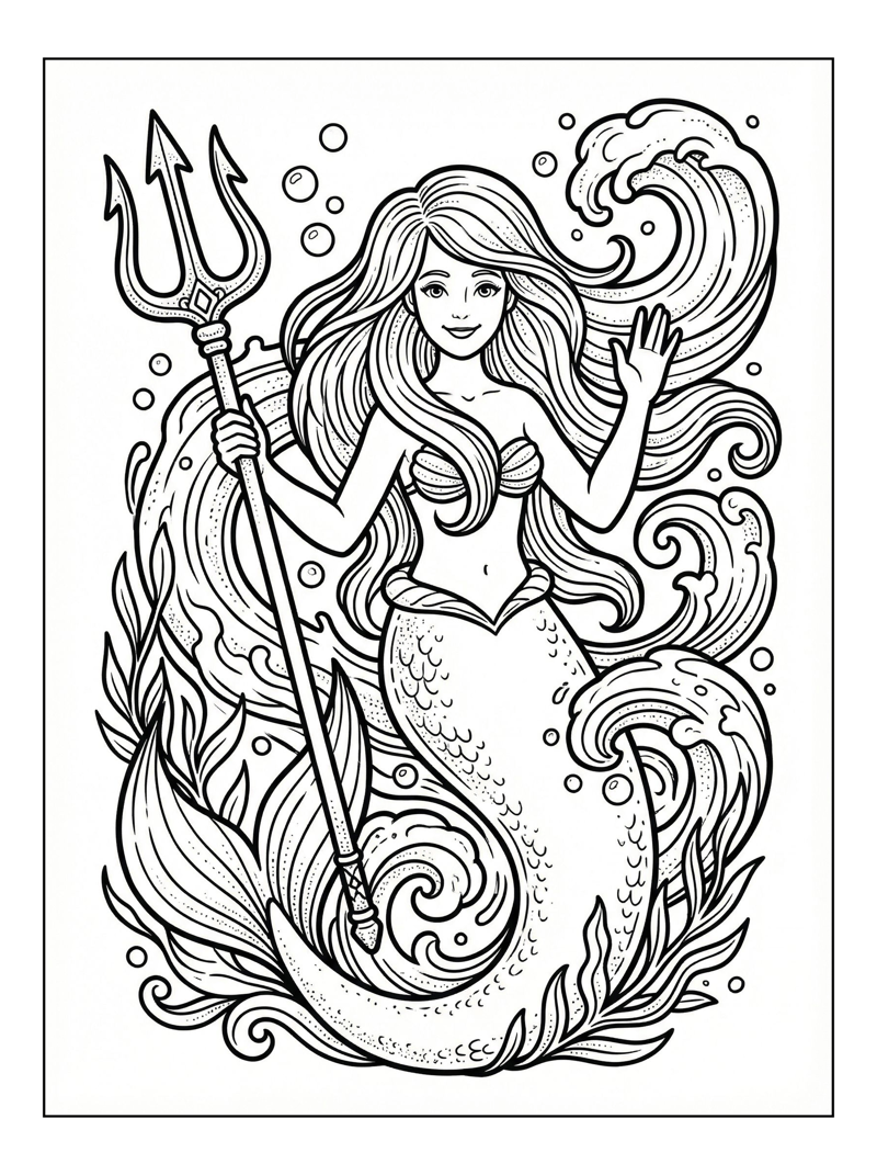 Mermaid Holds Trident Waves In Ocean