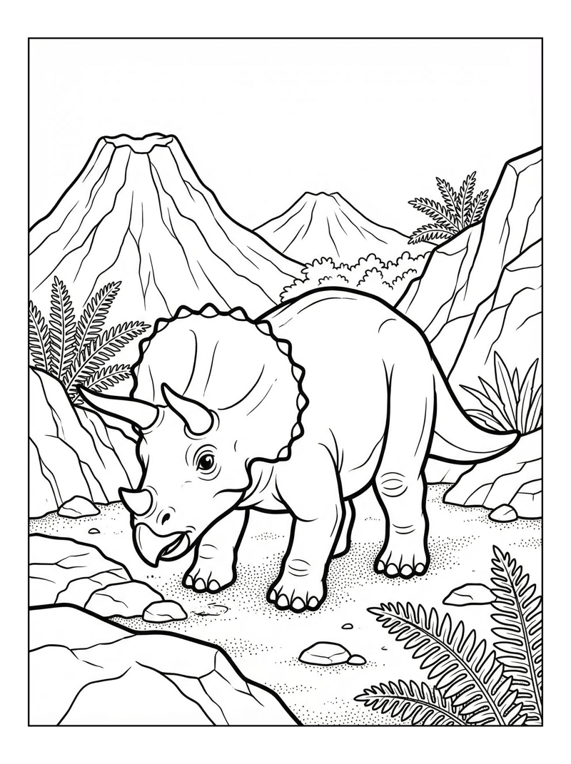 Baby Triceratops Grazing Volcanic Landscape
