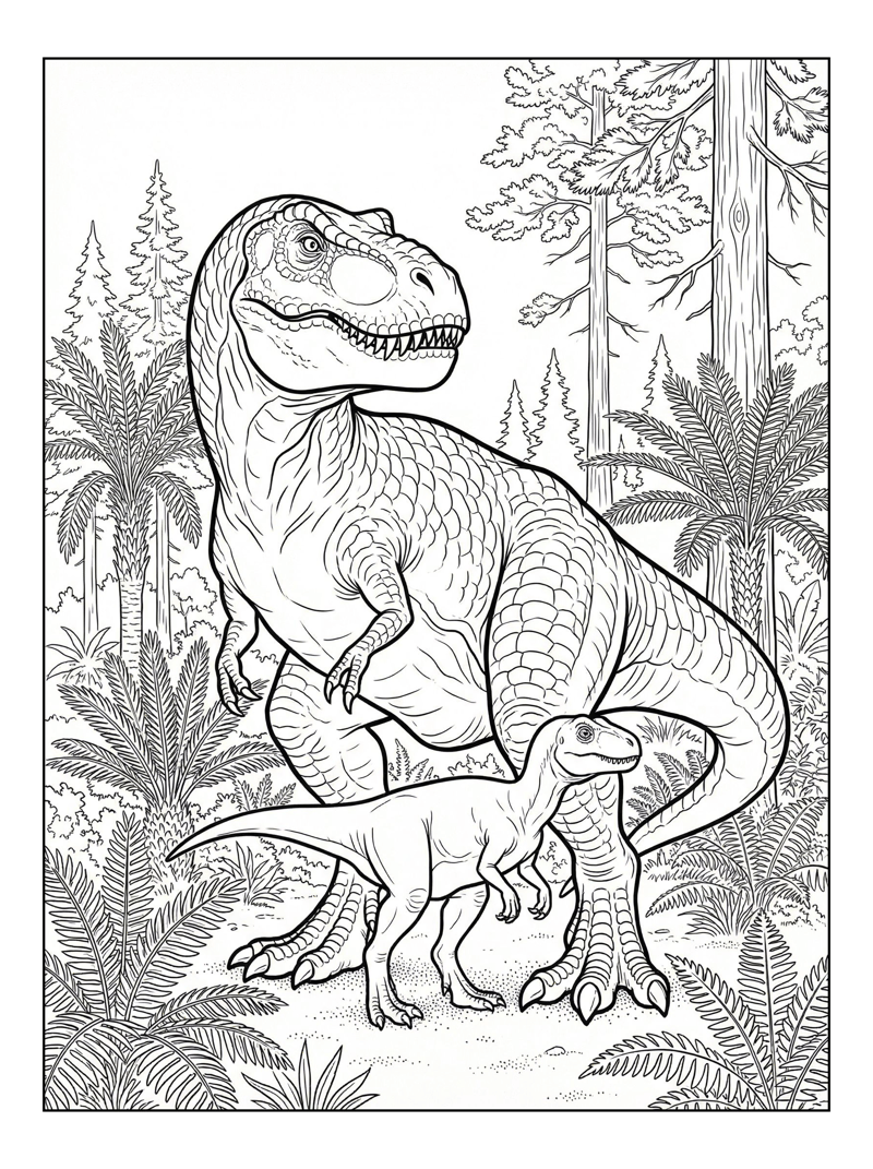Tyrannosaurus Guarding Baby Dinosaur In Forest