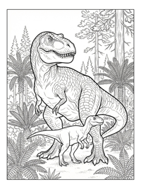 Tyrannosaurus Guarding Baby Dinosaur In Forest