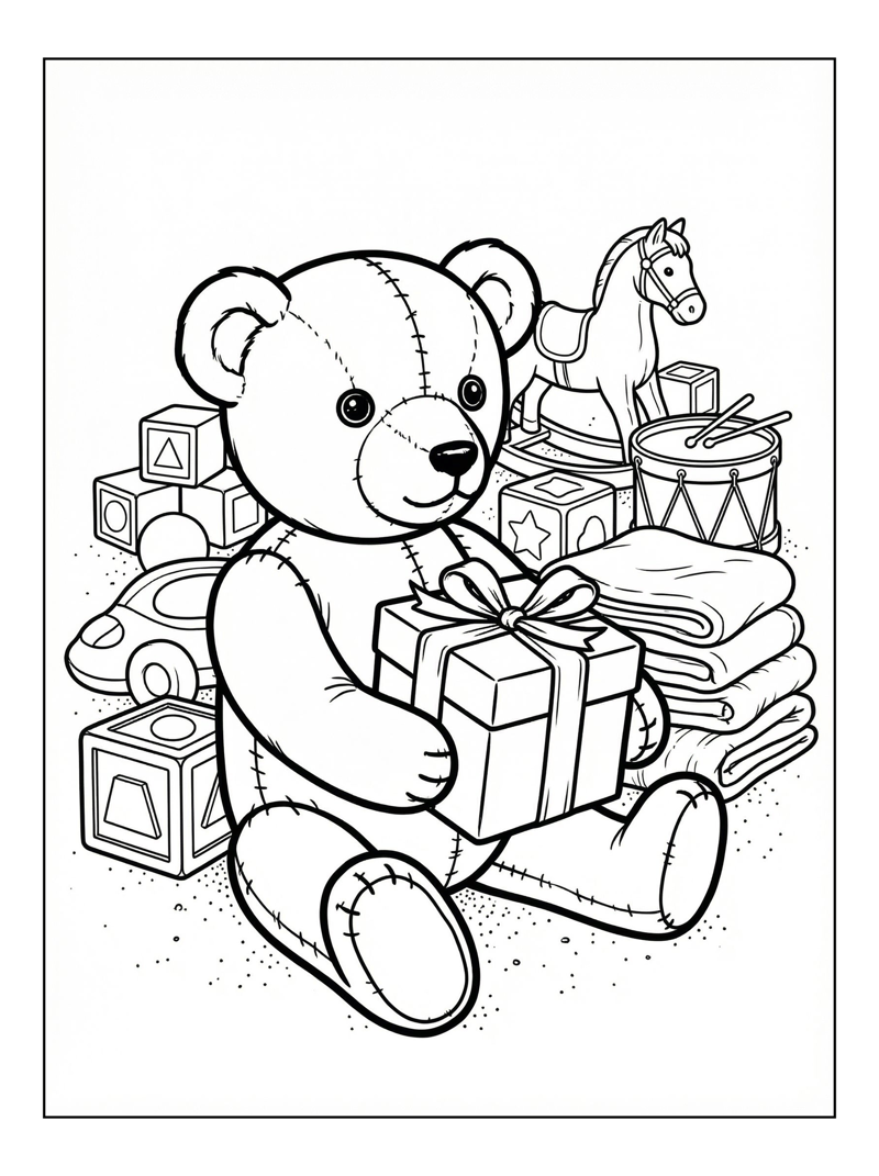 Classic Teddy Bear Holds Gift In Nursery