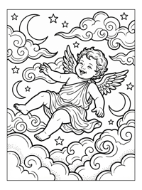 Joyful Cupid Flying Among Clouds