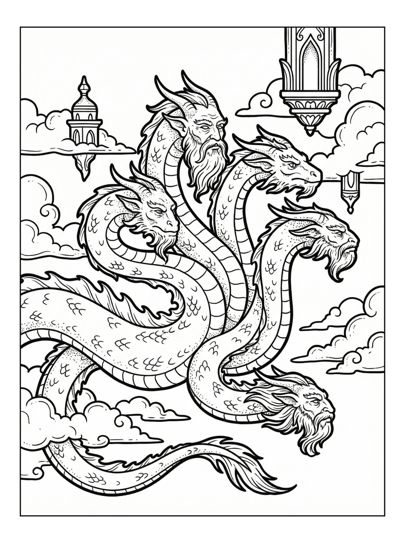 Multi Headed Hydra Dragon Gliding Through Clouds