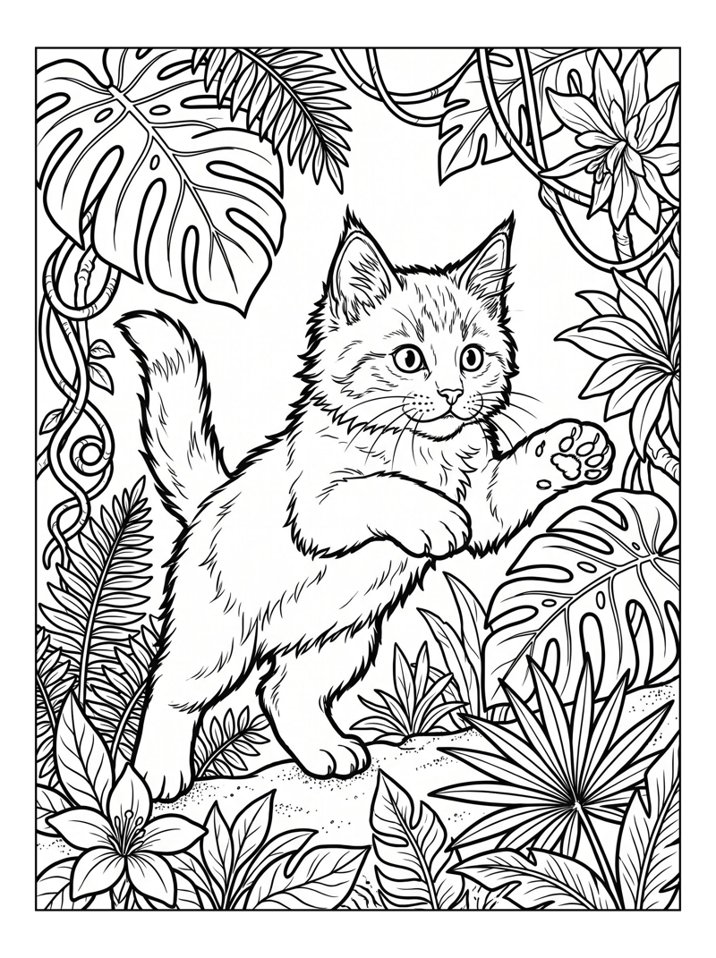 Fluffy Kitten Leaping Tropical Jungle