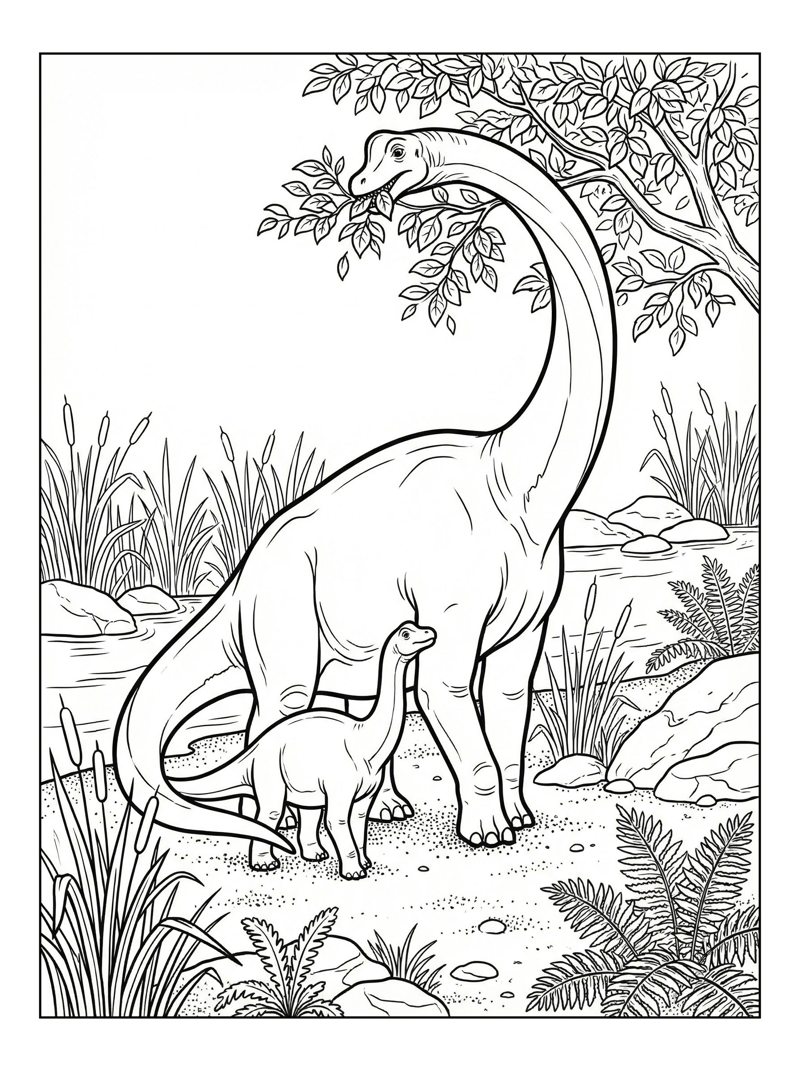 Coloring page of Brachiosaurus Family Browsing River Bank