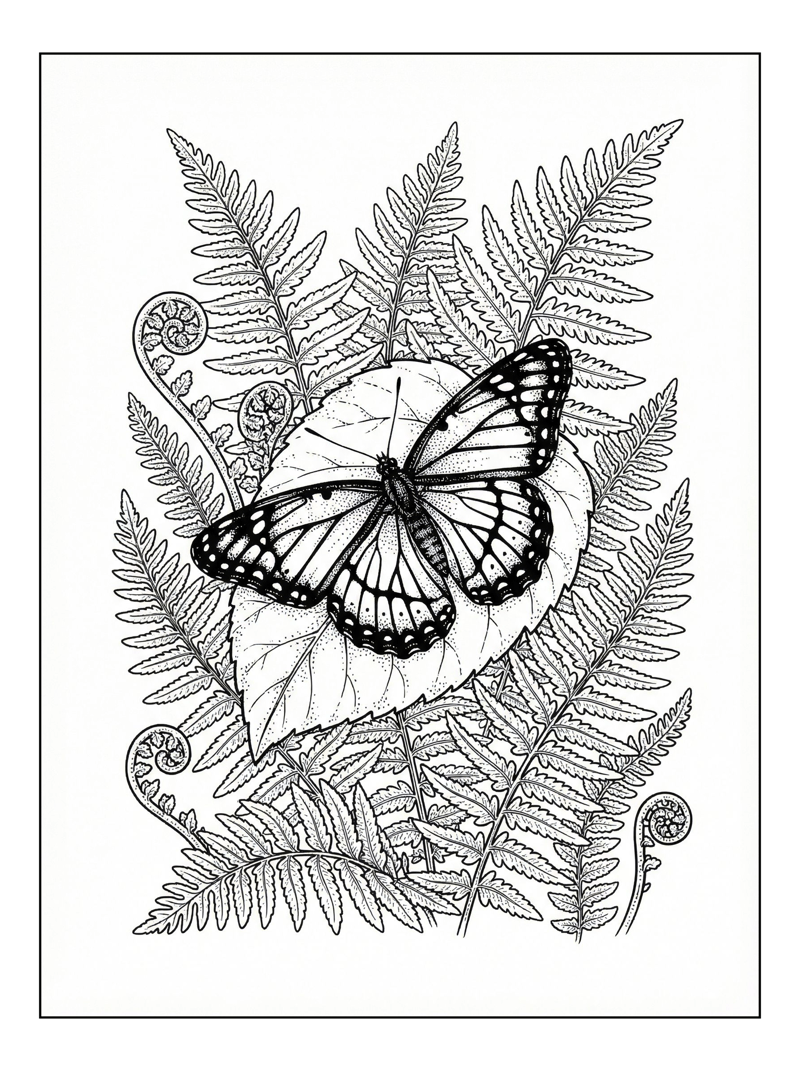 Viceroy Butterfly Rests On Fern Leaves