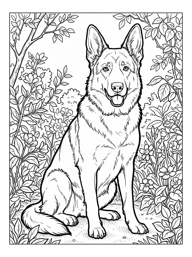 German Shepherd Sitting In Garden