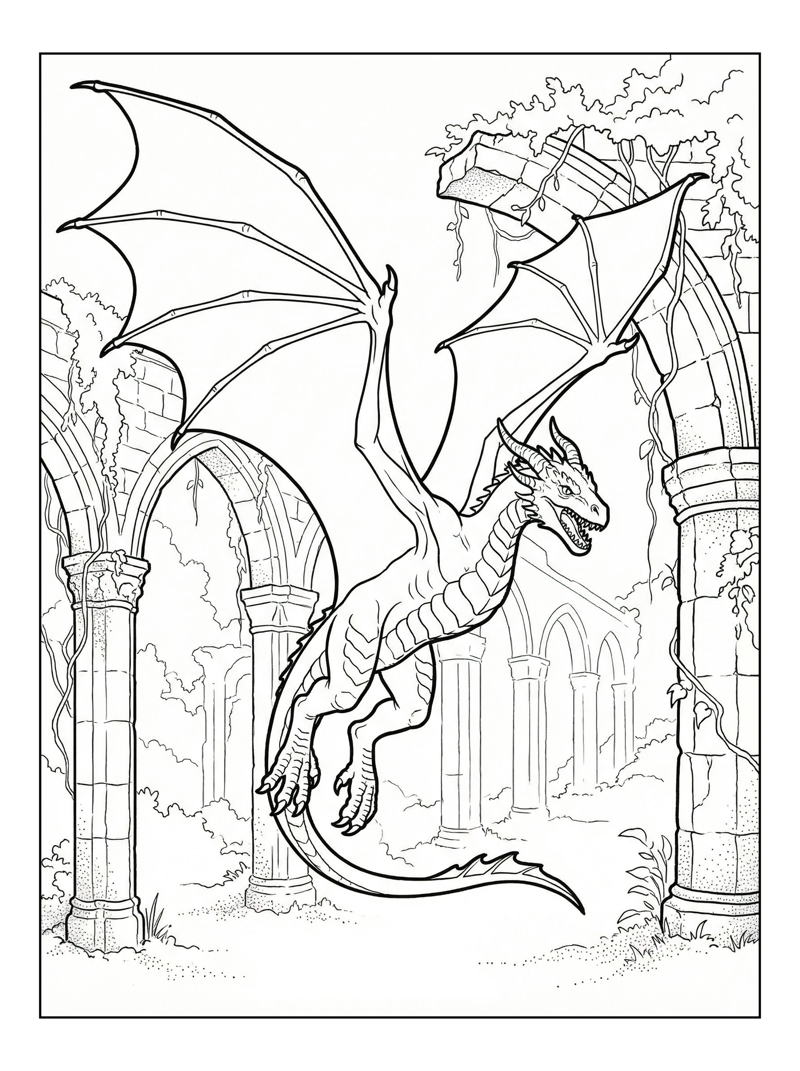 Wyvern Flying Through Ancient Ruins