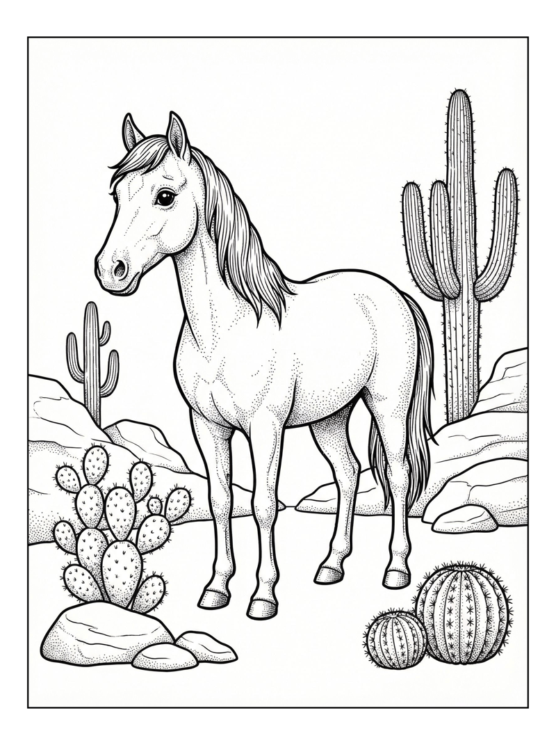 Horse Stands In Desert Landscape
