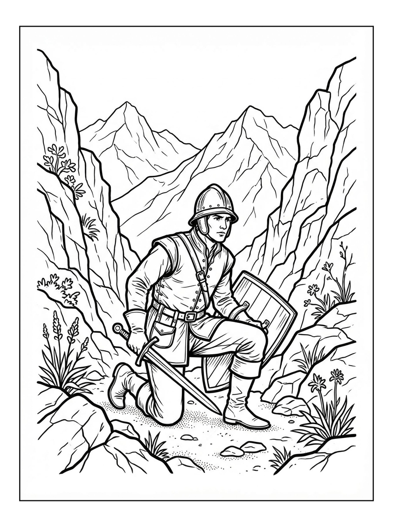 Squire Kneeling In Mountain Pass