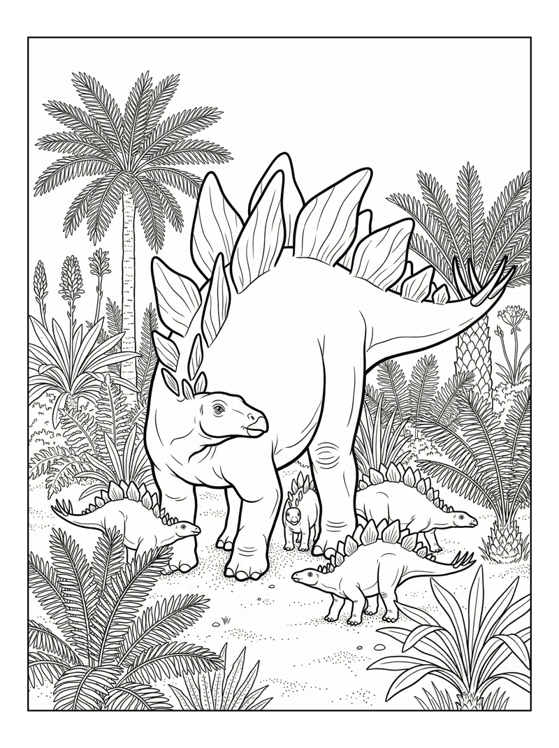Stegosaurus Mother Guards Babies Meadow