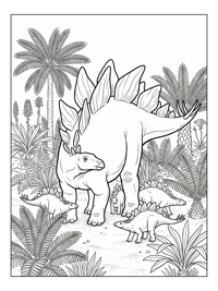 Stegosaurus Mother Guards Babies Meadow