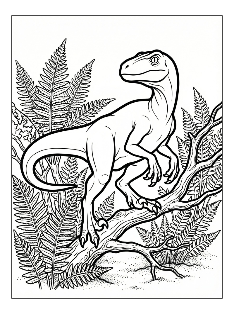 Velociraptor Perching In Jungle Ferns