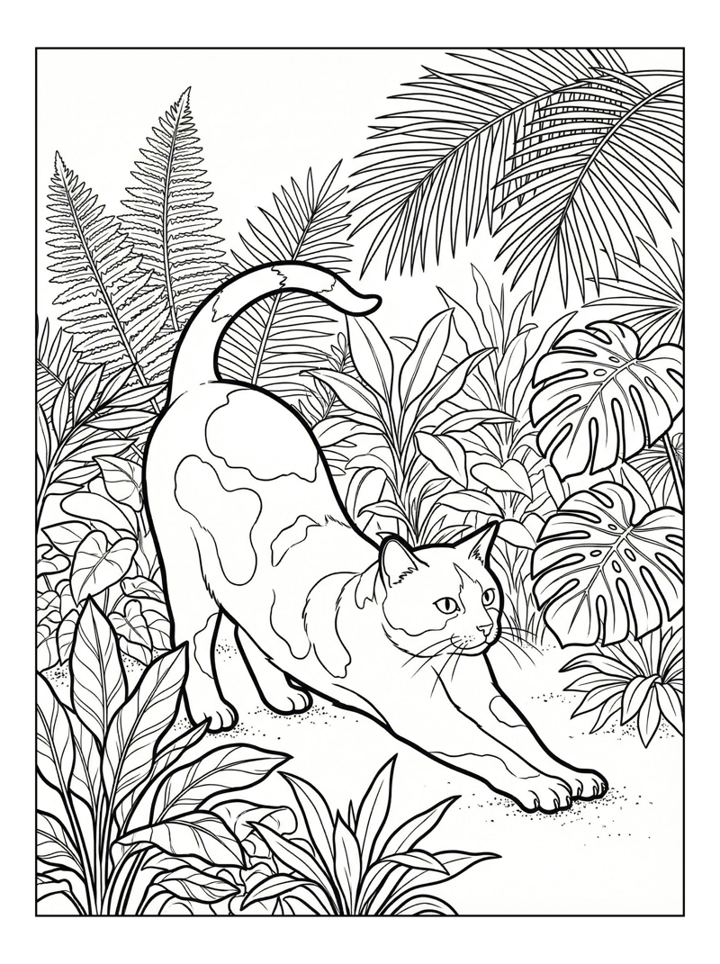 Tuxedo Cat Stretching In Jungle