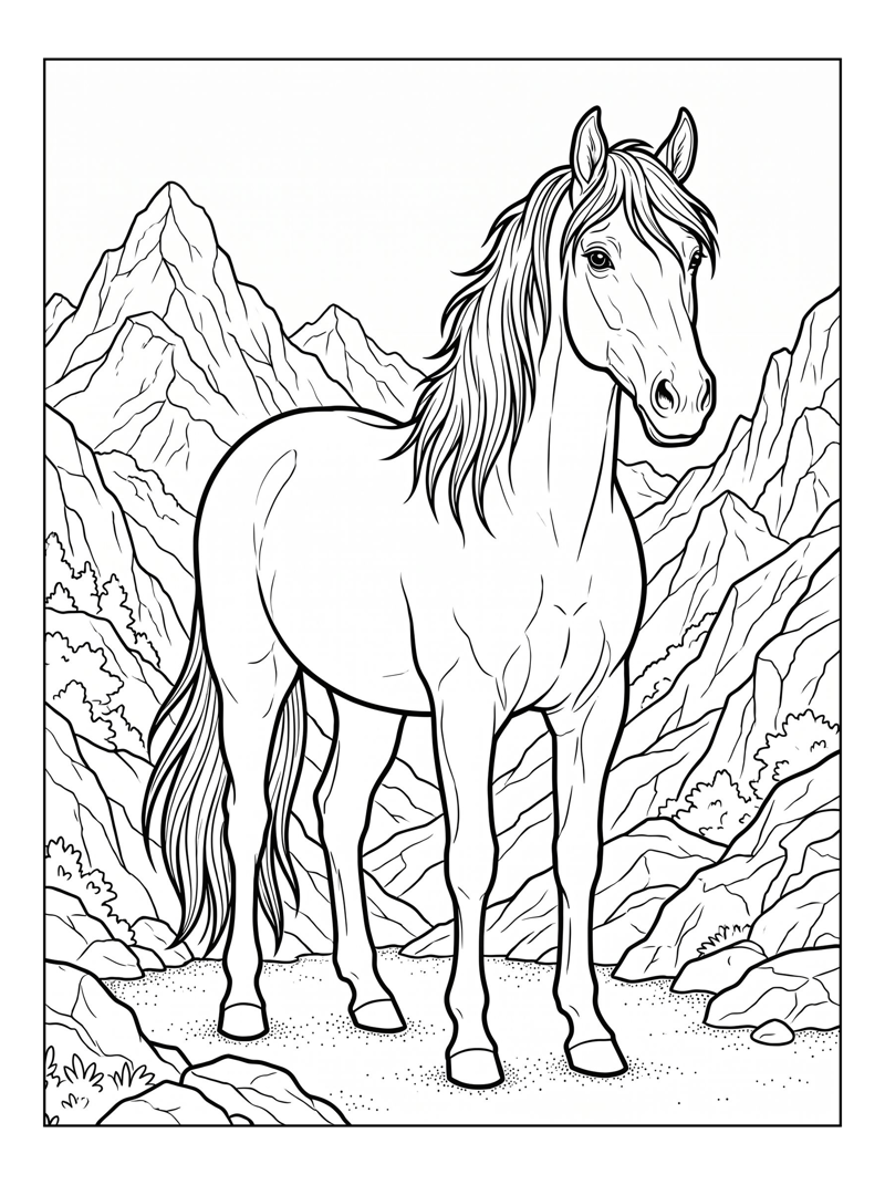 Horse Standing Among Mountain Peaks