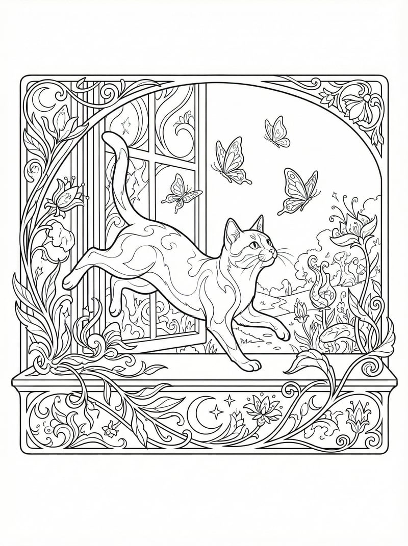 Cat Chasing Butterflies From Window Sill