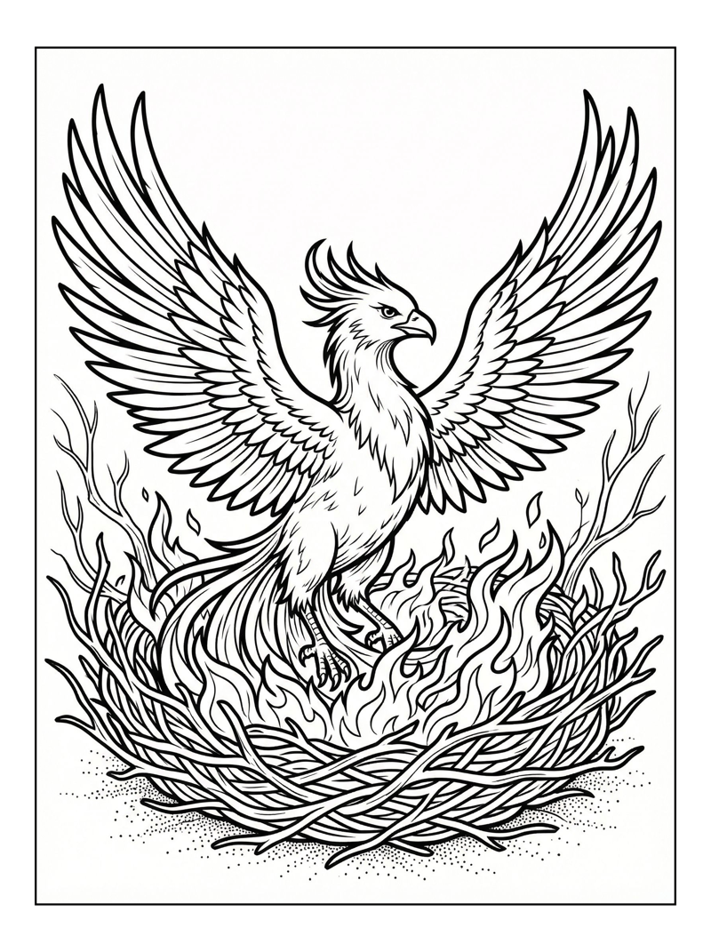 Phoenix Spreading Wings From Nest