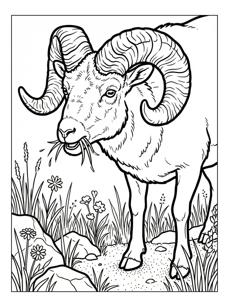 Bighorn Sheep Chewing In Grassy Meadow