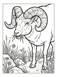 Bighorn Sheep Chewing In Grassy Meadow
