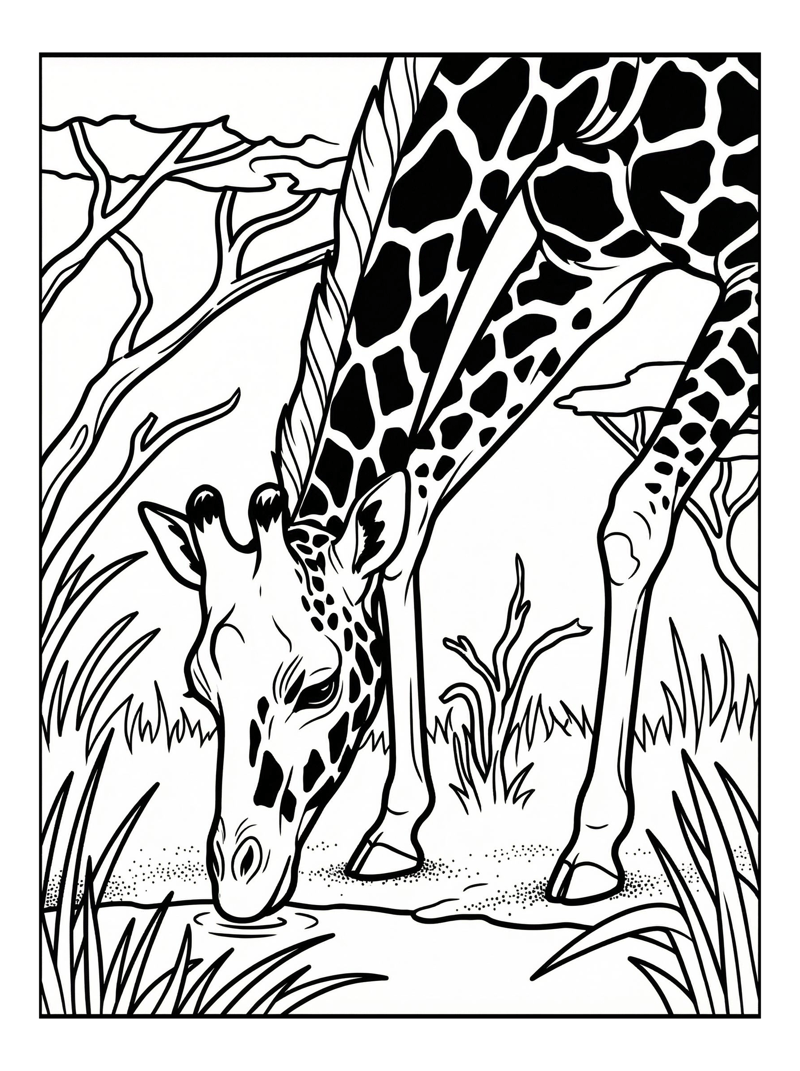 Rothschild Giraffe Drinking In Savanna