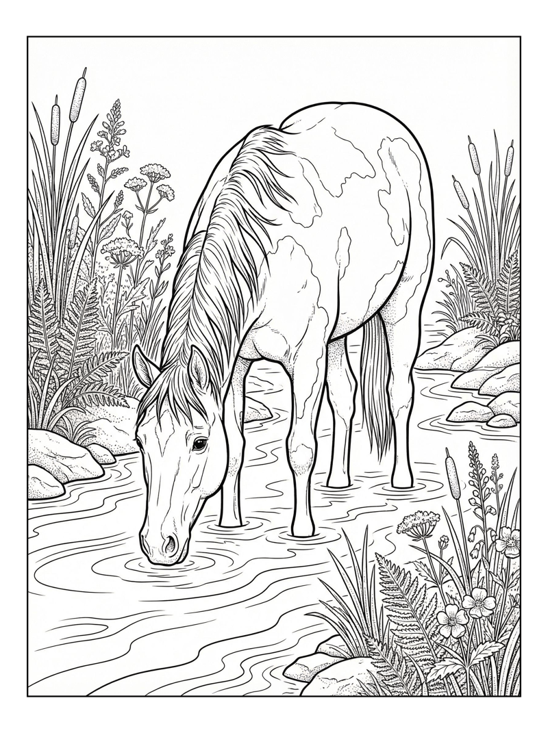 American Paint Horse Drinking From River