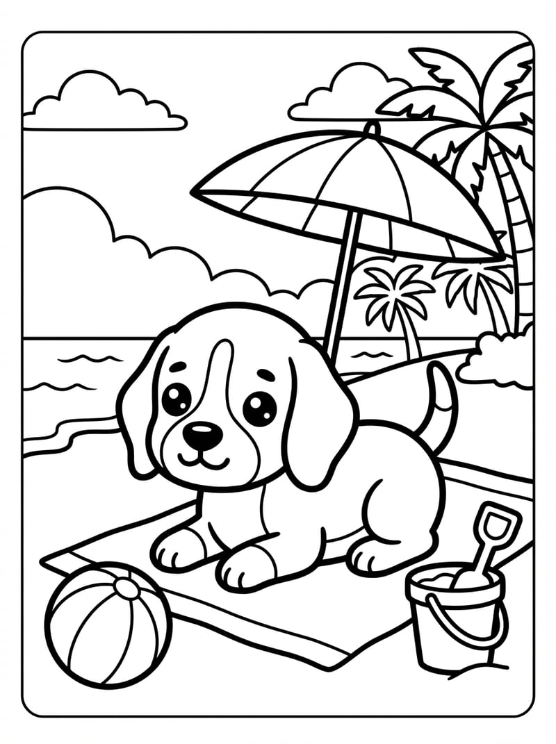 Beagle Resting On Beach With Umbrella And Ball