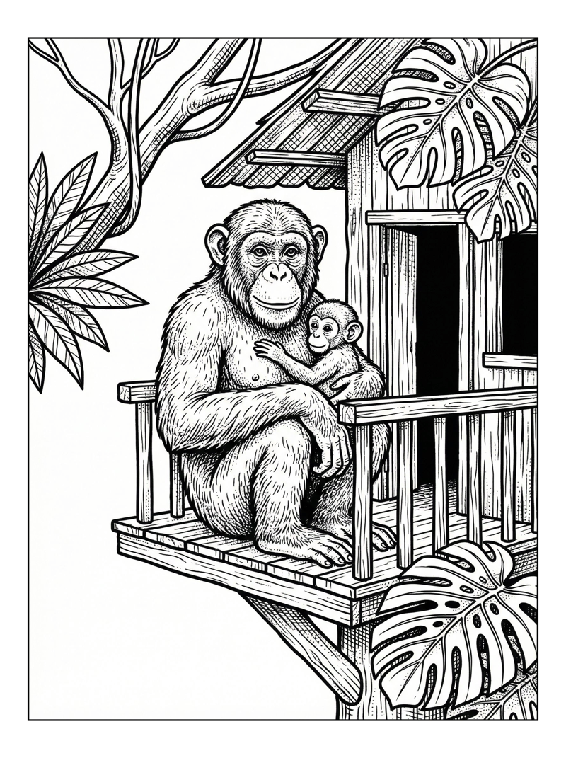 Chimpanzee Cradles Baby On Treehouse Balcony