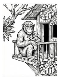 Chimpanzee Cradles Baby On Treehouse Balcony