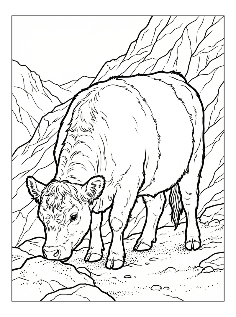 Belted Galloway Grazing By Mountains