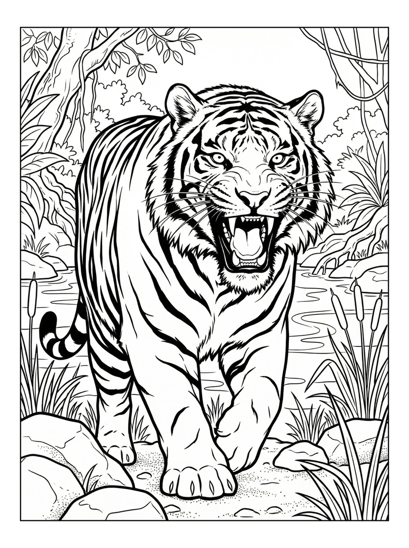 Tiger Roaring Walking From River