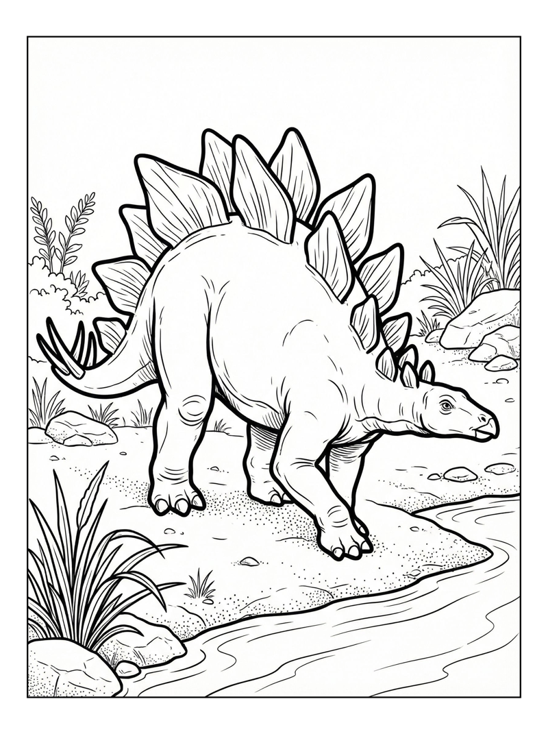 Stegosaurus Walking By River Bank