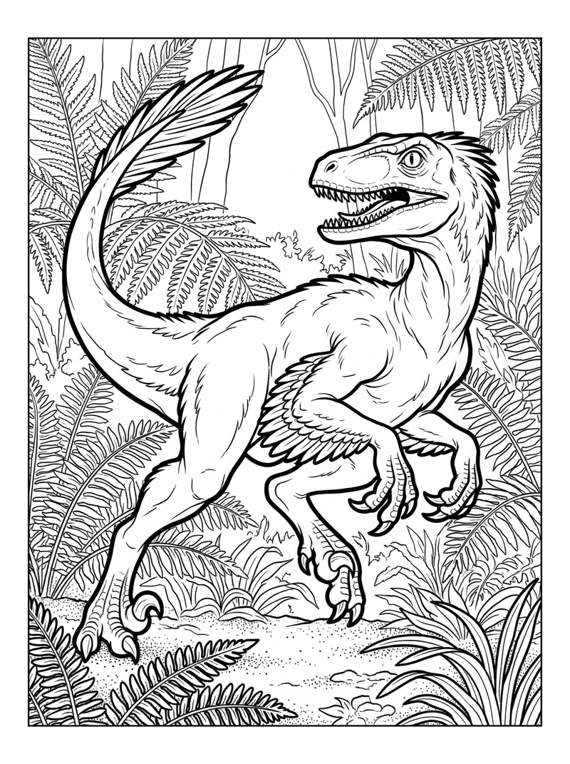 Velociraptor Running Through Fern Forest