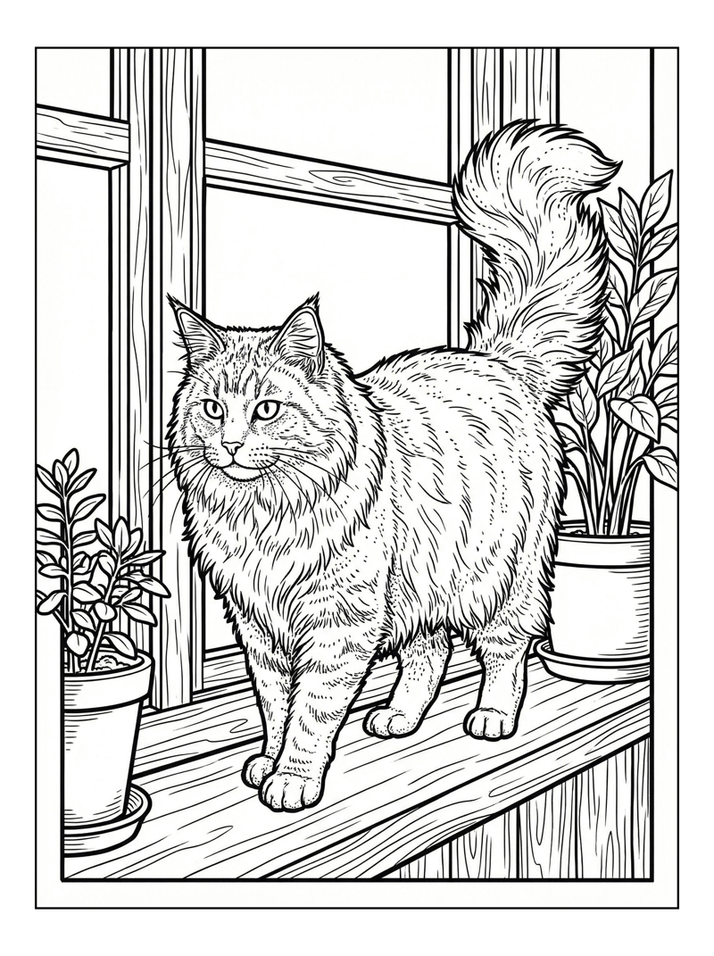Maine Coon Cat Walking On Window Sill