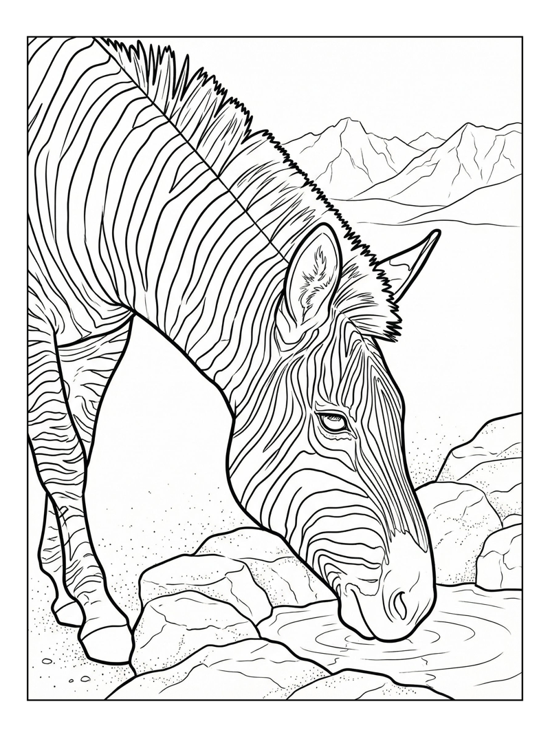 Mountain Zebra Drinking By Mountains