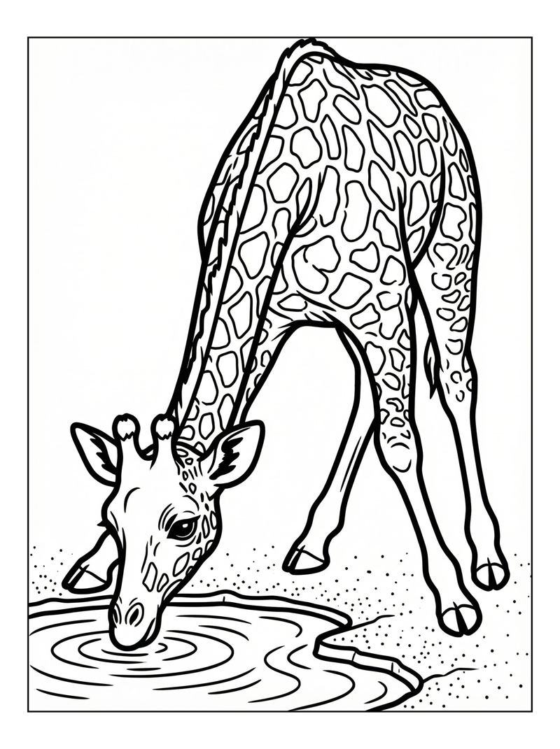 Baby Giraffe Drinking Water Hole
