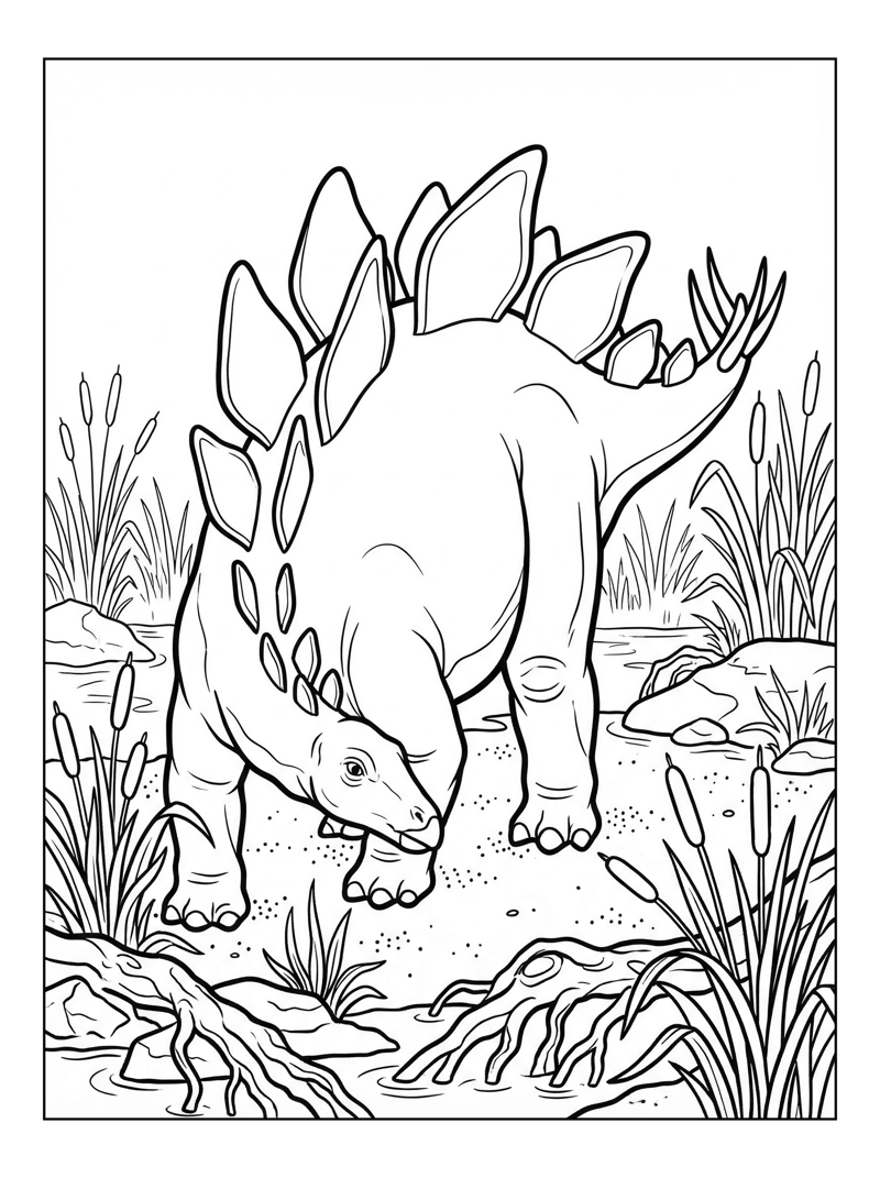 Stegosaurus Grazing In Swampy Marsh
