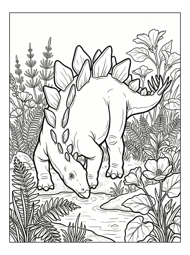 Baby Stegosaurus Drinking In Meadow