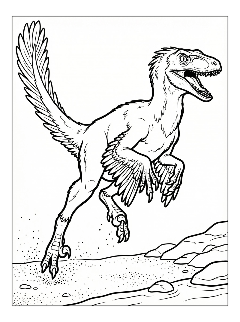 Feathered Velociraptor Jumping Riverbank