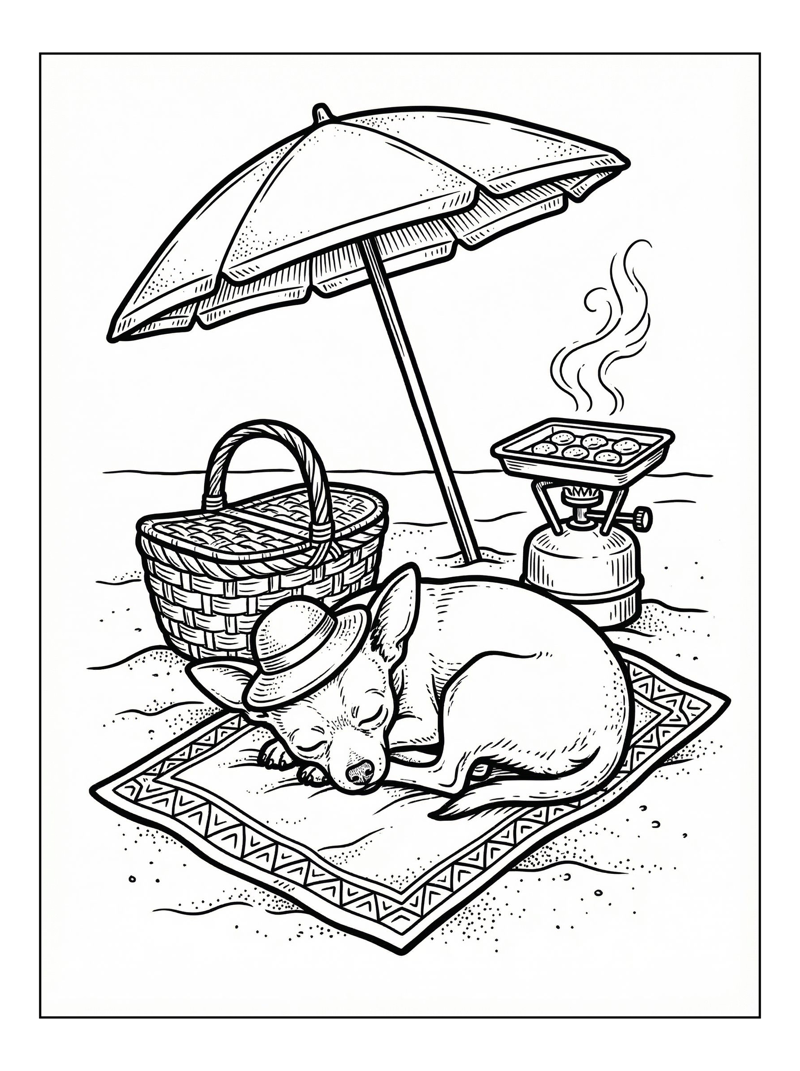 Coloring page of Chihuahua Sleeping At Beach Picnic