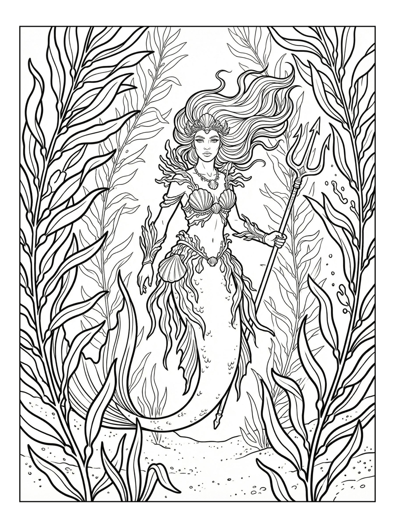 Mermaid Queen With Trident In Kelp Forest