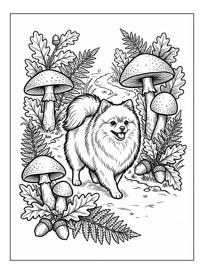 Pomeranian Walks Forest Path With Mushrooms