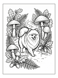 Pomeranian Walks Forest Path With Mushrooms