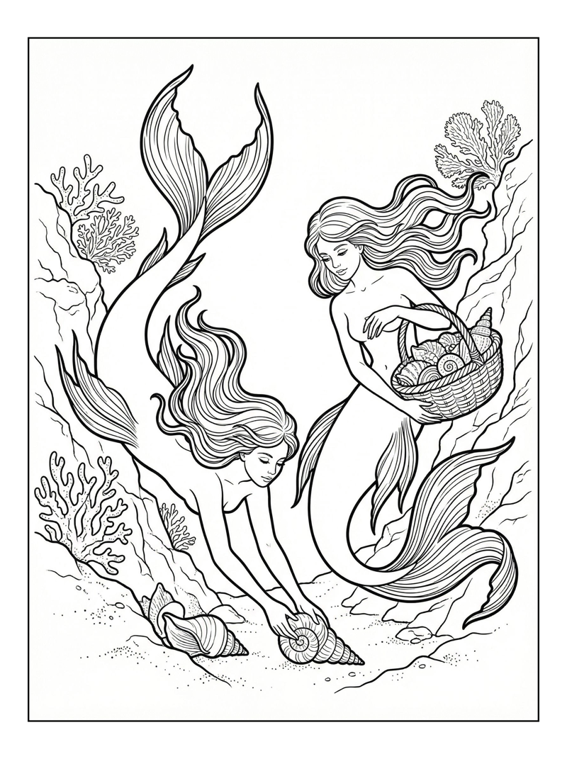 Twin Mermaids Collecting Shells Deep Sea
