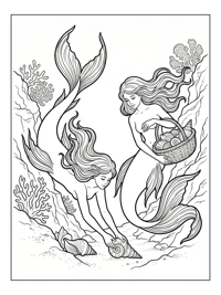 Twin Mermaids Collecting Shells Deep Sea