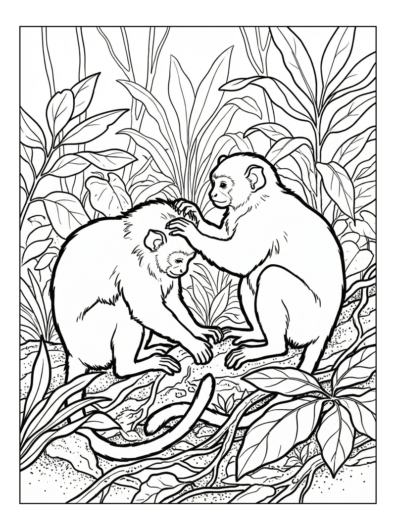 Tamarin Grooming In Rainforest