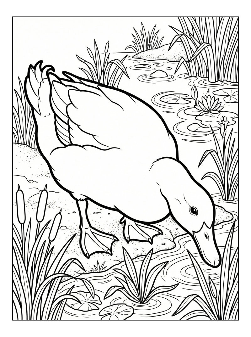 Pekin Duck Foraging At Farm Pond